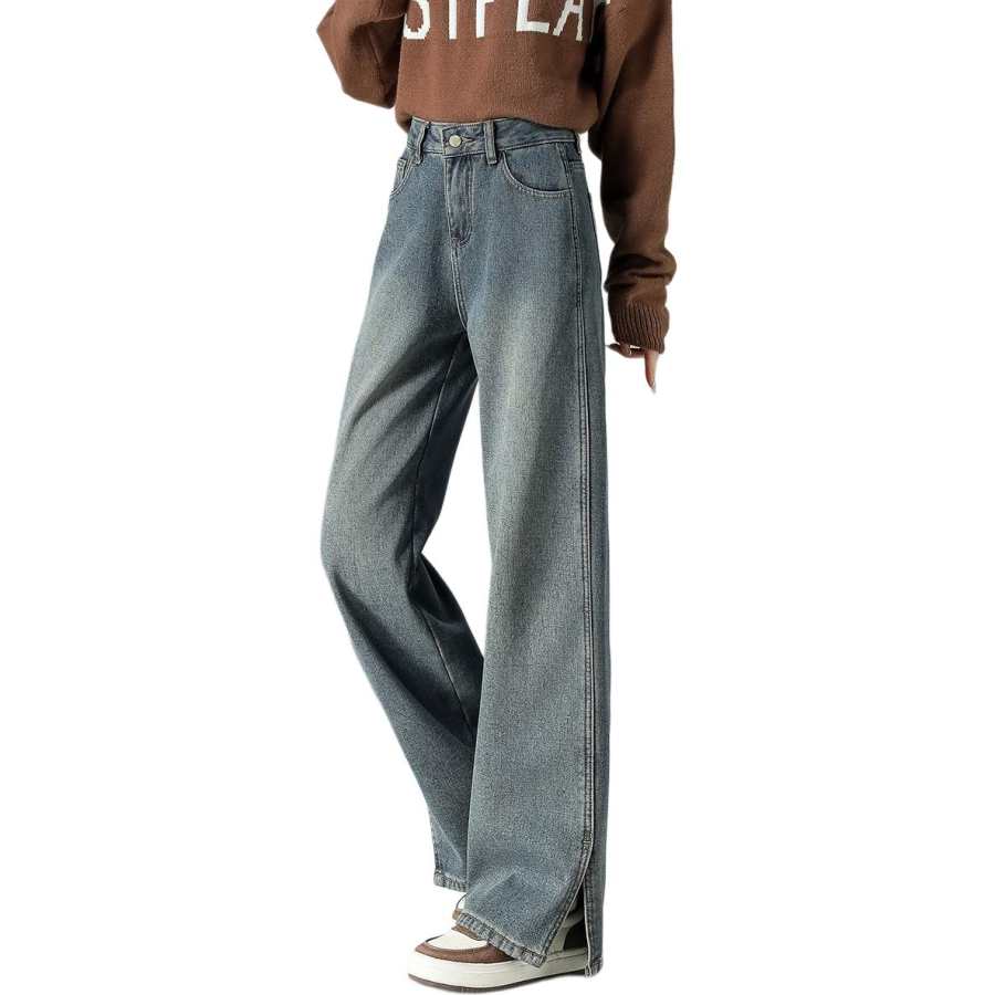 Tonlion Jeans Women's Vintage Blue Thickened And Fleece Lined Wide Leg Pants