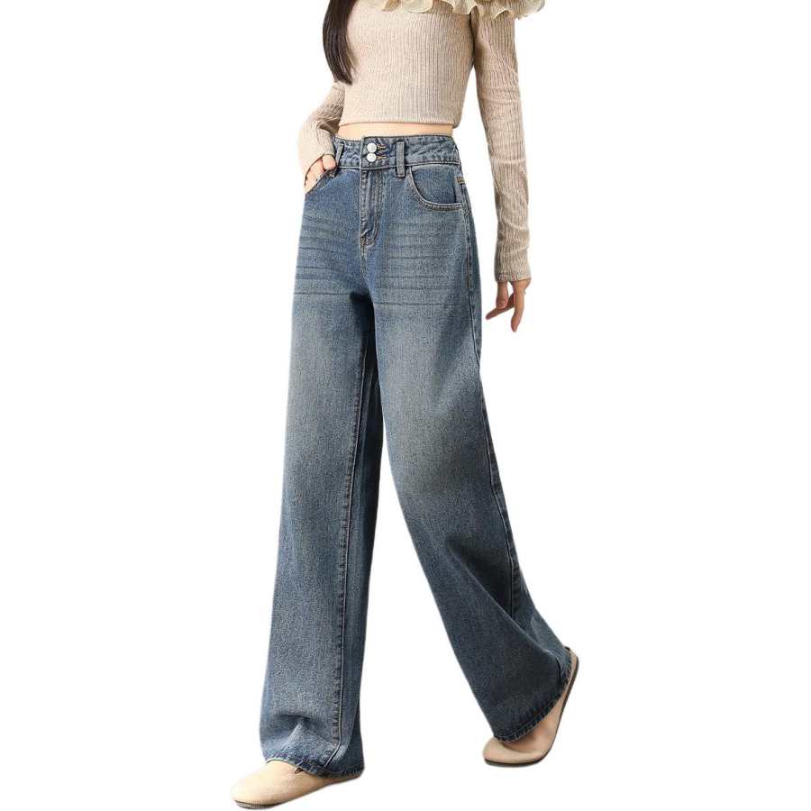 Tonlion Jeans Women's Medium Blue Thickened And Fleece Lined Wide Leg Pants