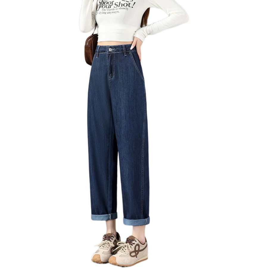Tonlion Jeans Women's Dark Blue Thickened And Fleece Lined Straight Fit Pants