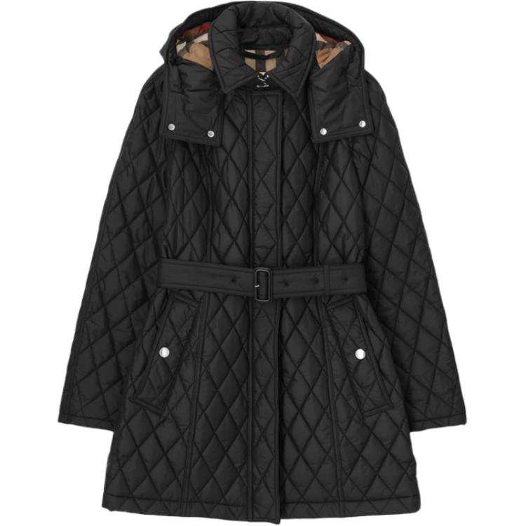 Burberry Puffer Jackets Women's Black Hooded Detachable Moderate Nipped In Waist