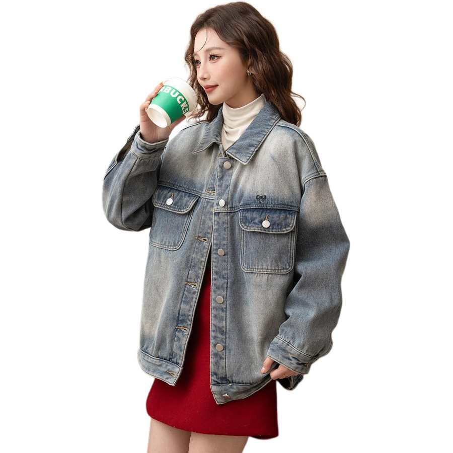 Tonlion Denim Jackets Women's Vintage Blue Lapel Moderate Straight Fit