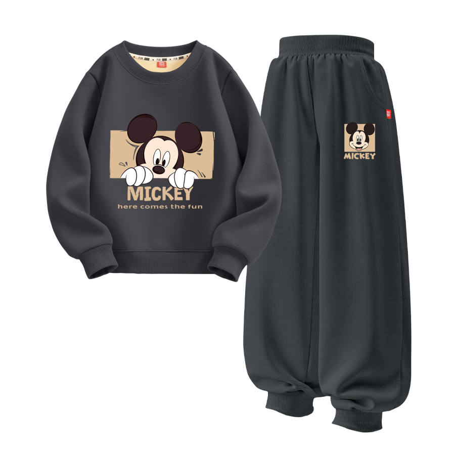Disney Casual Sportswear Fleece Lined Crew Neck Versatile Fashion Minimalist Style Thermal 2 Piece Set Kids'