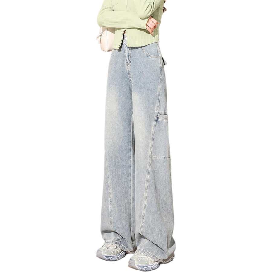 Tonlion Jeans Women's Vintage Blue Thickened And Fleece Lined Wide Leg Pants