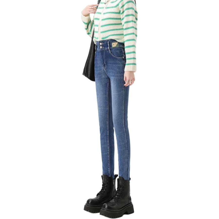 Tonlion Jeans Women's Light Blue Thickened And Fleece Lined Pencil Pants