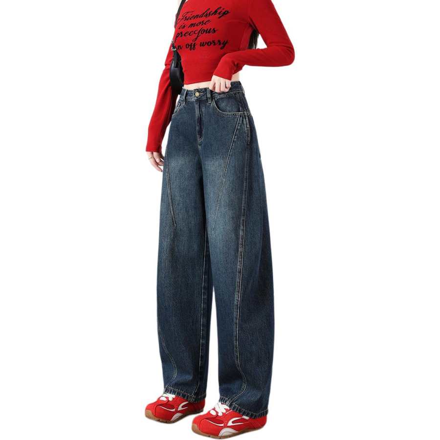 Tonlion Scimitar Thickened And Fleece Lined Loose Fit Korean Style Wide Leg Pants Solid Color Versatile Hot Girl Jeans