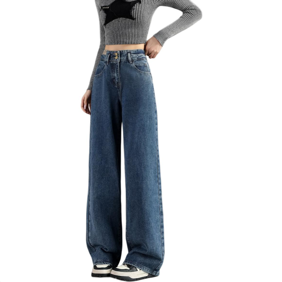 Tonlion Jeans Women's Medium Blue Thickened And Fleece Lined Wide Leg Pants