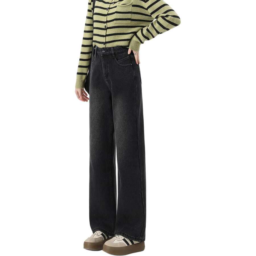 Tonlion Jeans Women's Black Thickened And Fleece Lined Wide Leg Pants