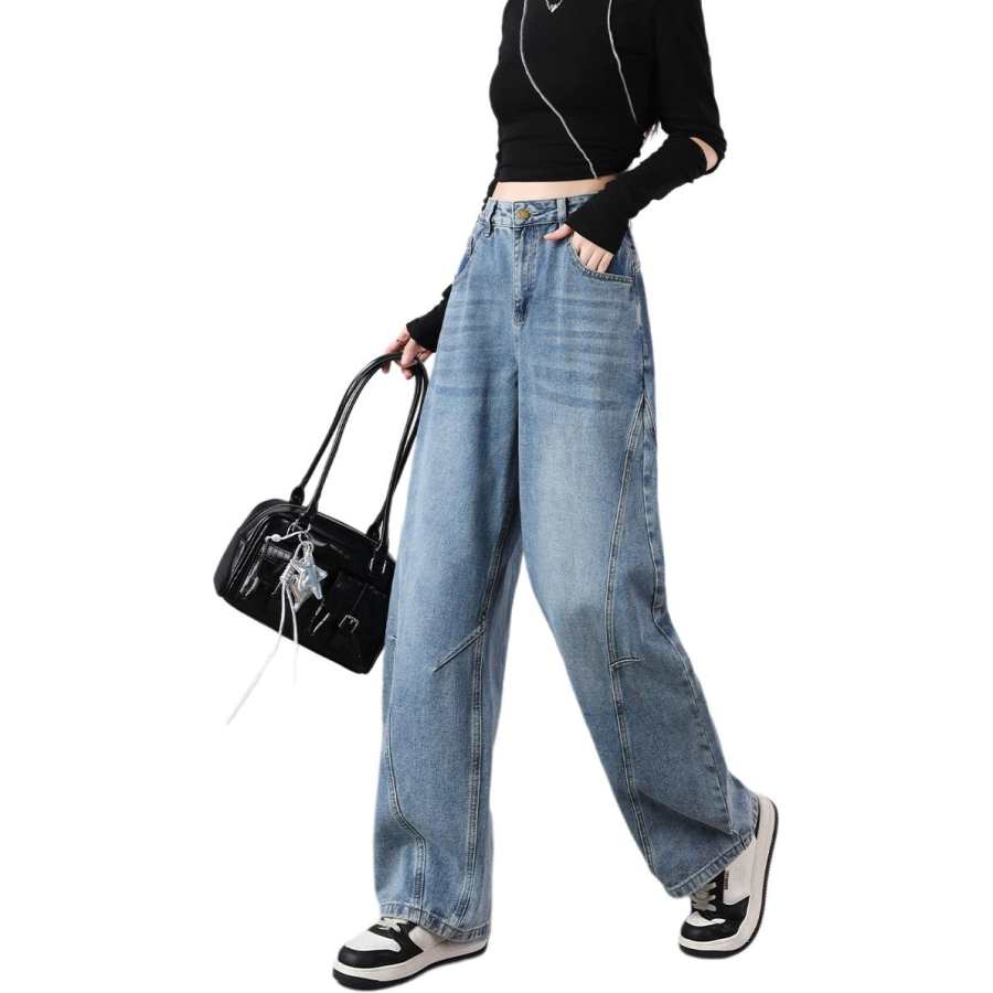Tonlion Jeans Women's Medium Blue Thickened And Fleece Lined Wide Leg Pants