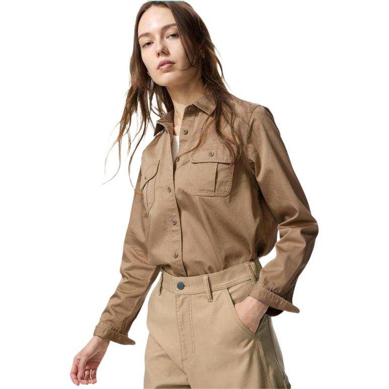 UNIQLO Shirts Women's Dark Beige Lapel Moderate Workwear