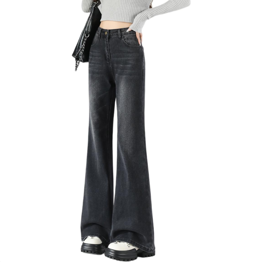 Tonlion Jeans Women's Black Thickened And Fleece Lined Flared Pants