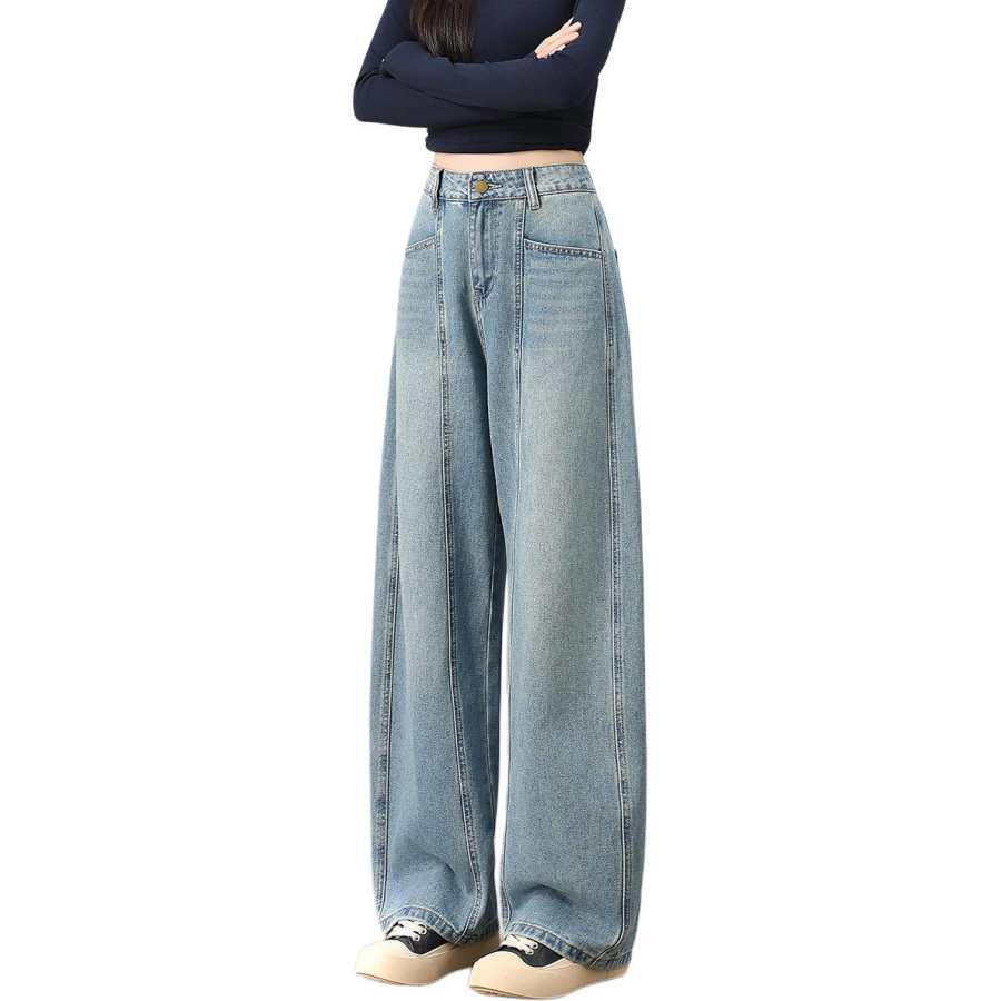 Tonlion Jeans Women's Medium Blue Thickened And Fleece Lined Wide Leg Pants
