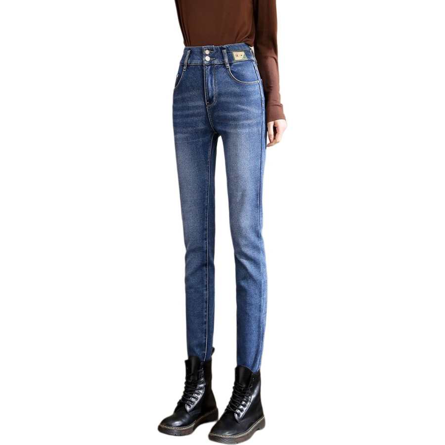 Tonlion Jeans Women's Light Blue Thickened And Fleece Lined Pencil Pants
