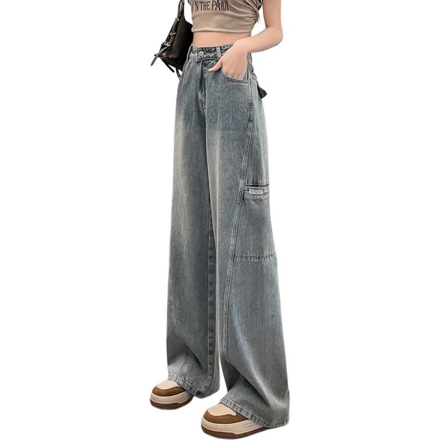 Tonlion Jeans Women's Vintage Blue Thickened And Fleece Lined Wide Leg Pants