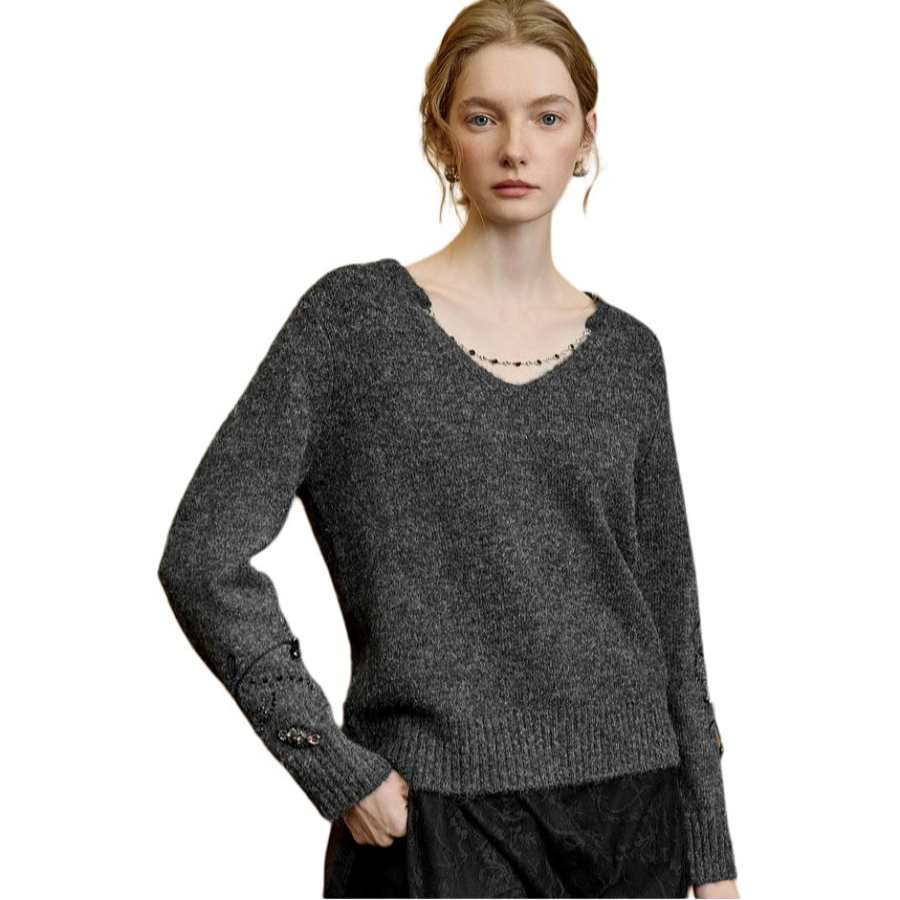 ELLE Sweaters Women's Dark Gray V Neck Moderate Other