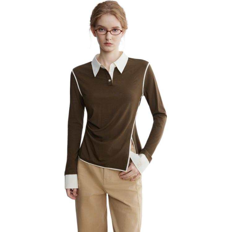 ELLE T Shirts Women's Dark Brown Lapel Moderate