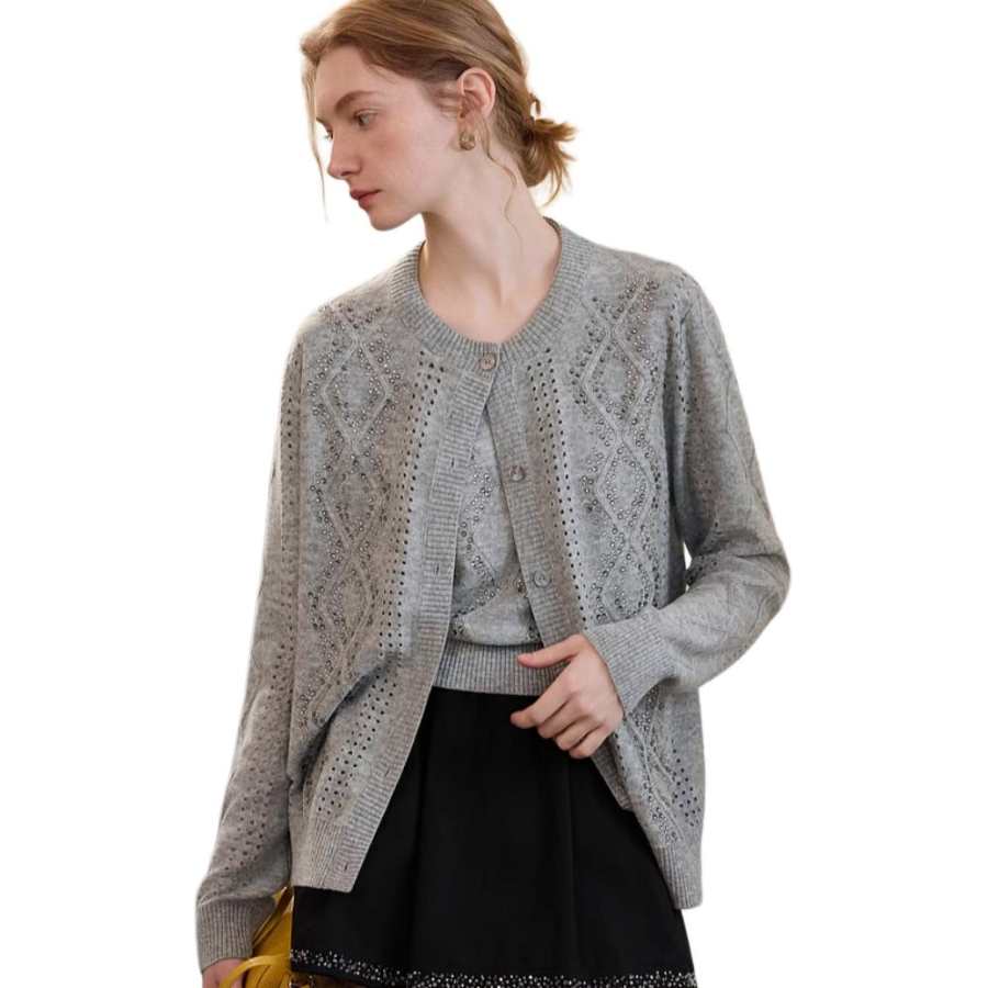 ELLE Sweaters Women's Medium Gray Crew Neck Moderate Cardigan