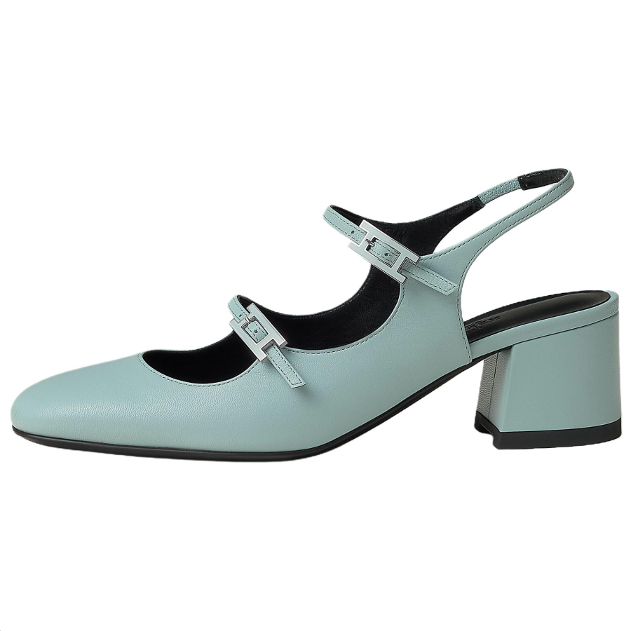 HERMES Jackie Chunky Heel Mary Jane Shoes 5cm Women's Glacier Blue