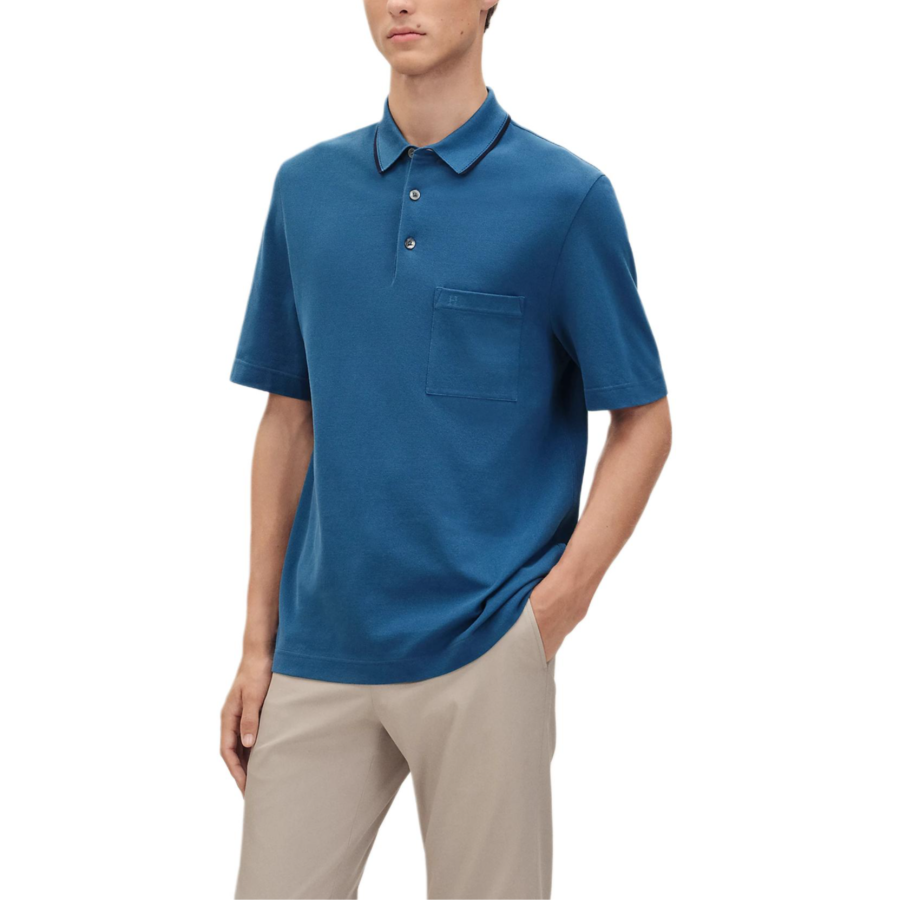 HERMES Polo Shirts Men's Atlantic Blue Polo Collar Moderate Straight Fit