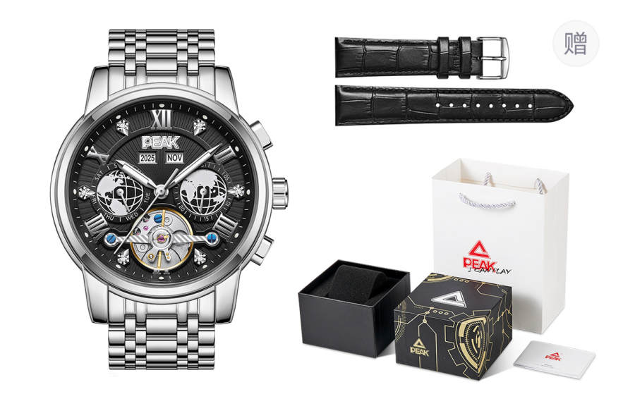 PEAK X Dad's Favorite Gift Guide Automatic Mechanical Movement Steel Strap Watch Men's Watches Black Dial