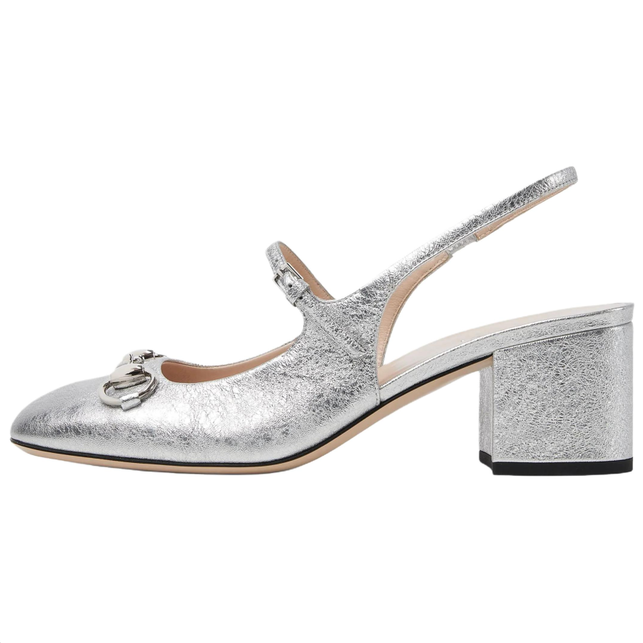 GUCCI Horsebit Leather Chunky Heel High Heels 6.5cm Women's Silver