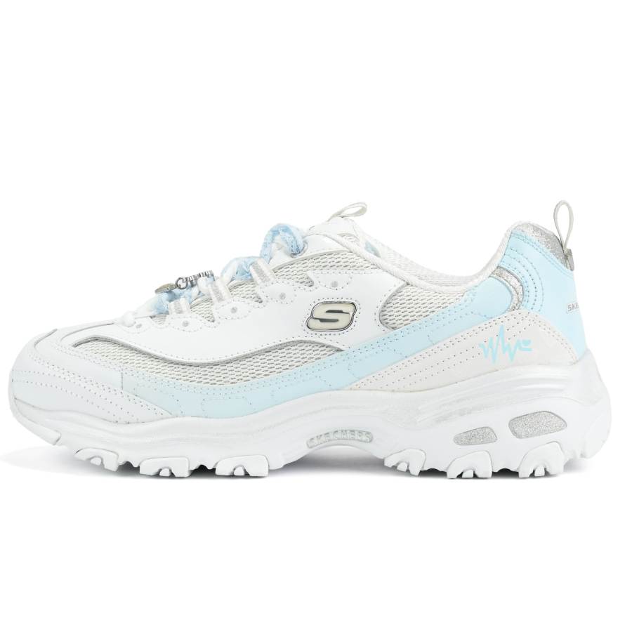 Skechers D'Lites 1.0 Panda Shoes Low top Chunky Sneakers Women's White Blue Silver