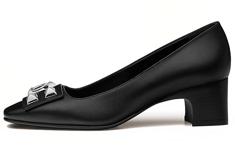HERMES Delicate Leather Casual Chunky Heel High Heels 5CM Women's Black