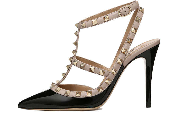 Valentino Rockstud Leather Slim Heel High Heels 10cm Women's Black & Pink