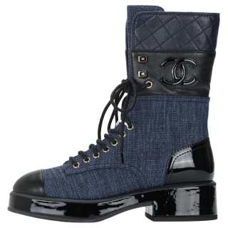 CHANEL Leather, Textile Ankle Boots Women's Blue Black