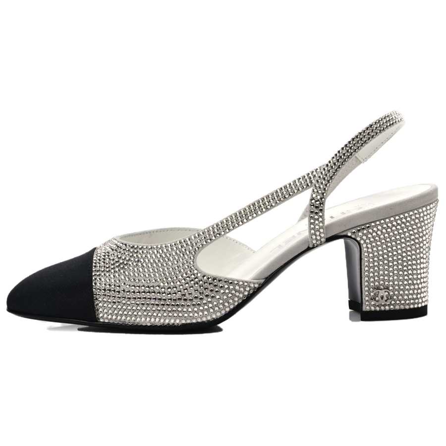 CHANEL Strass 65mm Slingbacks Silver Black Grosgrain Women's