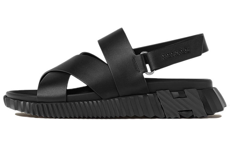 HERMES HERMES Electric Leather Hook and loop One Strap Sandals Men's Black
