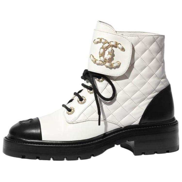 CHANEL CHANEL Leather Ankle Boots 2cm Women's Black White