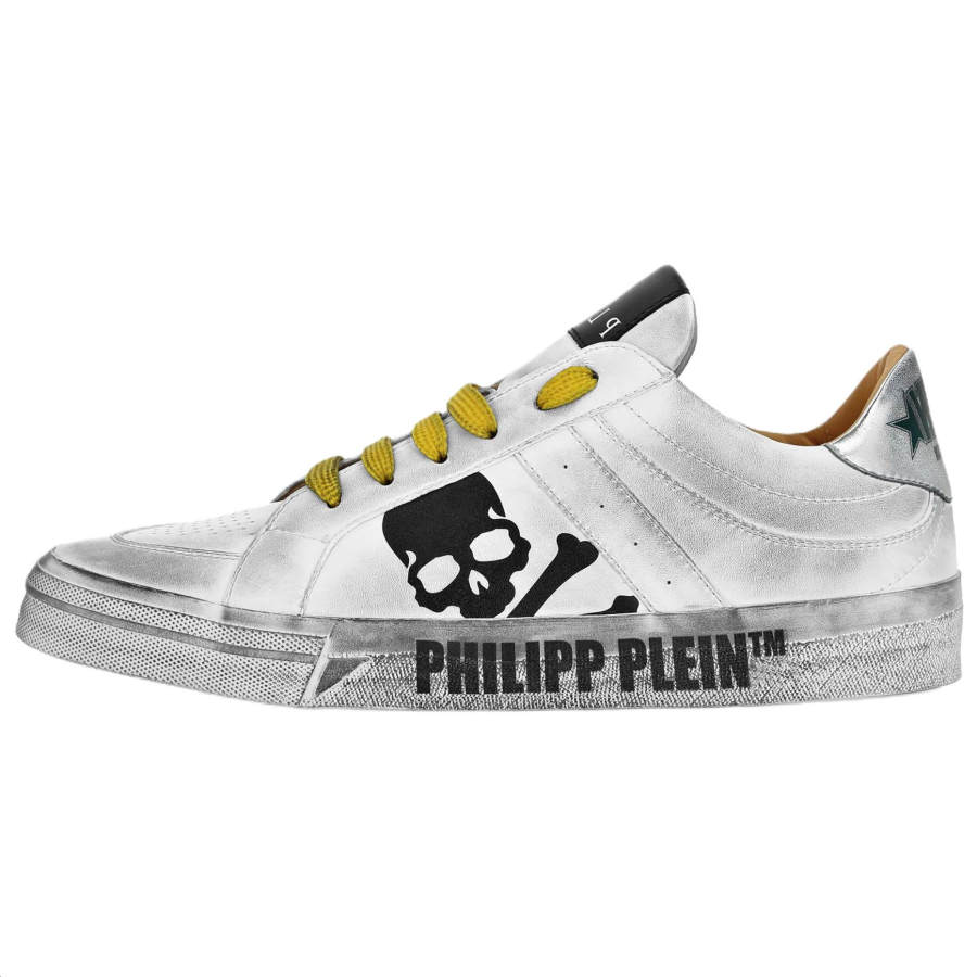 PHILIPP PLEIN Retrokickz Tm Cow Leather Low top Skateboard Shoes Unisex Silver