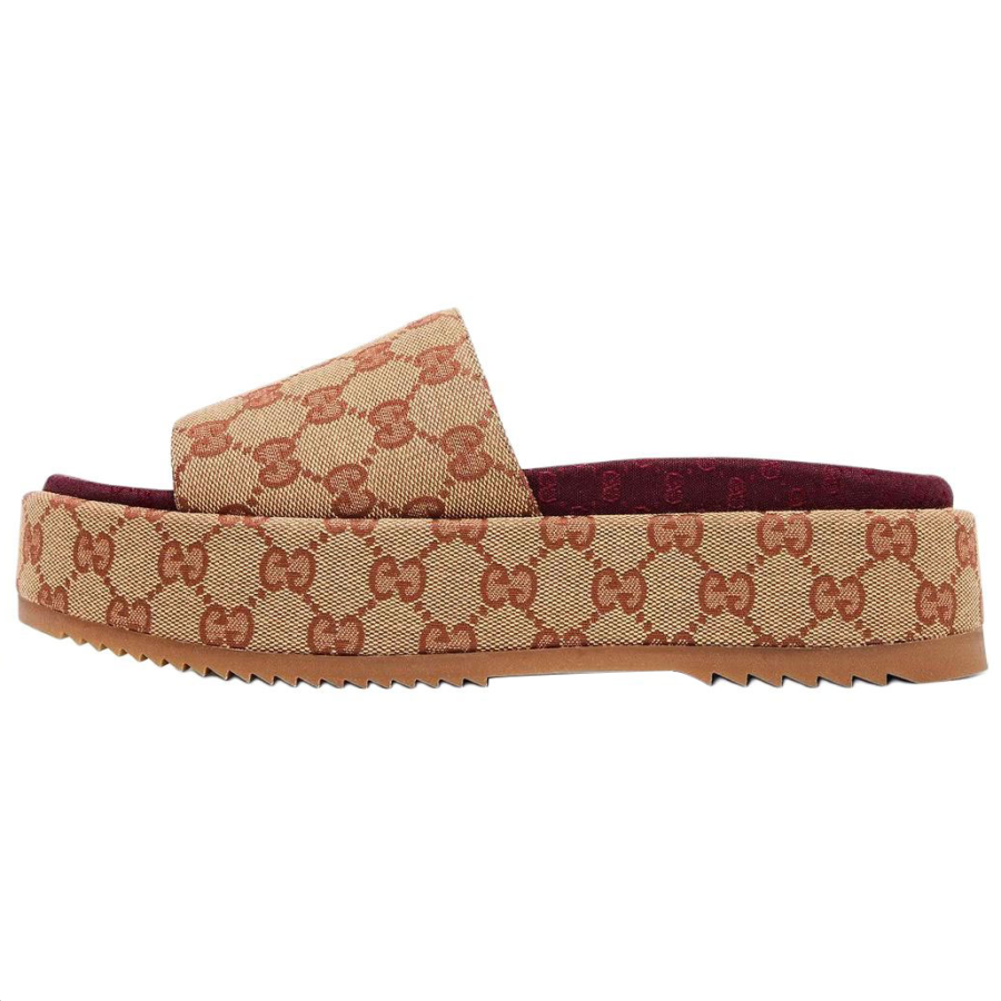 GUCCI GG Slide Sandal Monogram Beige Brick Red Women's