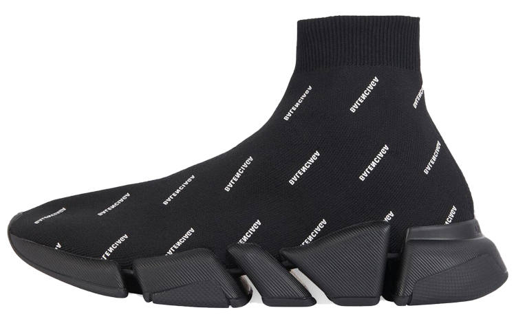 Balenciaga Speed 2.0 Sneakers 'Black Knit With White Allover Logo'