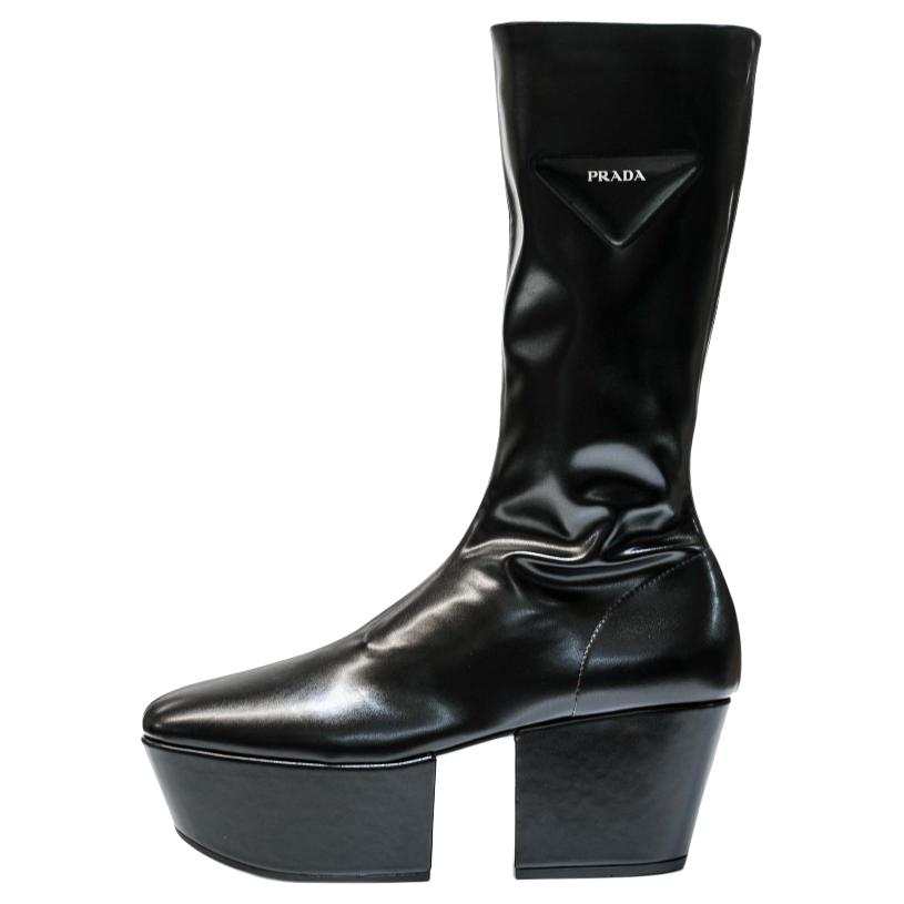 PRADA PRADA Leather Knee High Boots 7cm Women's Black