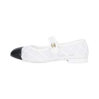 CHANEL Coco Beach 25M Fabric Flat Mary Jane Shoes Women's White