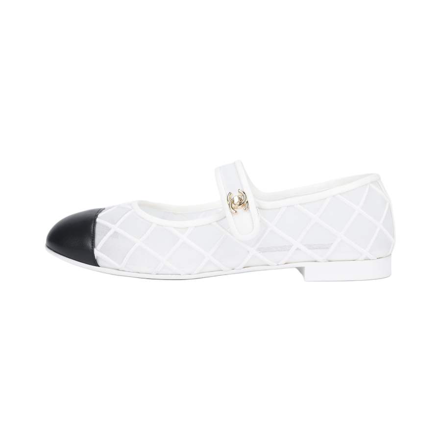 CHANEL CHANEL Coco Beach 25M Fabric Flat Mary Jane Shoes Women's White