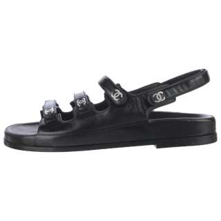 CHANEL Leather Open Toe One Strap Sandals Women's Black