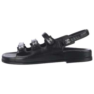 CHANEL Leather Open Toe One Strap Sandals Women's Black