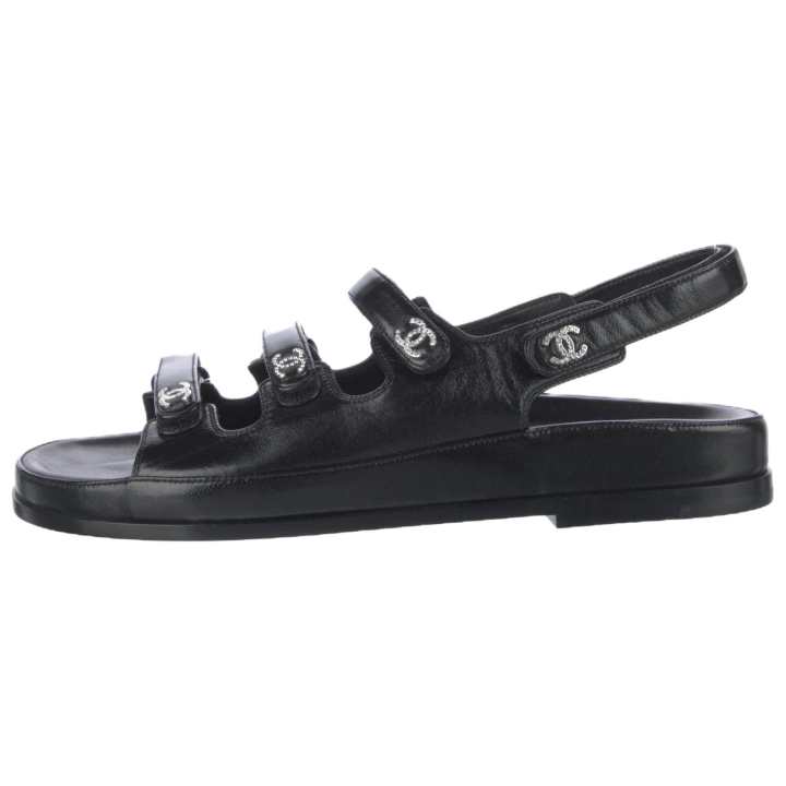 CHANEL CHANEL Leather Open Toe One Strap Sandals Women's Black