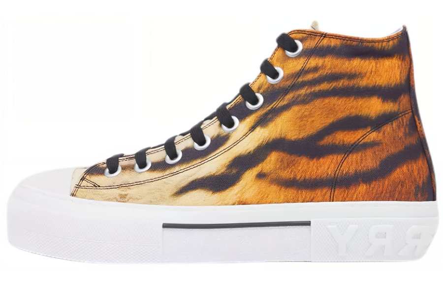 Burberry Tiger Year Collection Leather High top Stylish Skateboarding Shoes Women's Brown Yellow