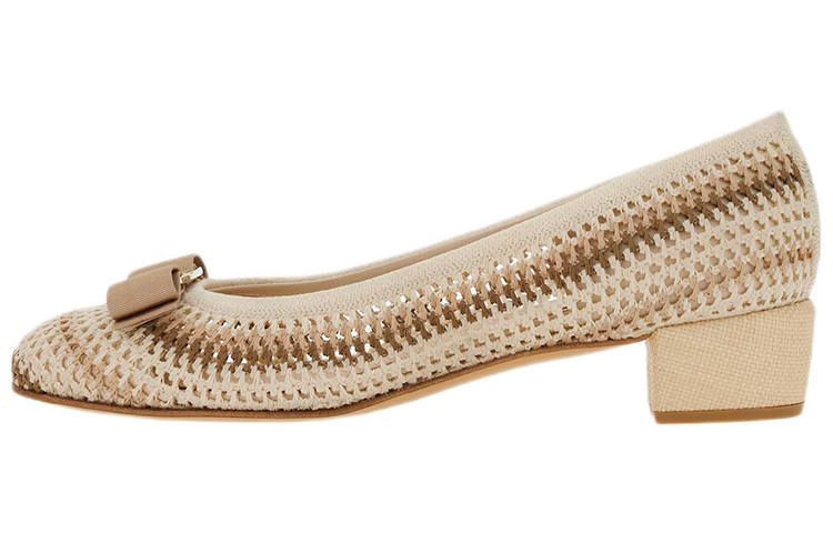 FERRAGAMO Vara Fabric Bowknot Block Heel Mid Low Heel Shoes Women's White