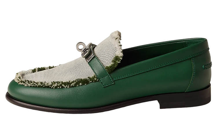 HERMES Destin Leather Loafers Women's Green
