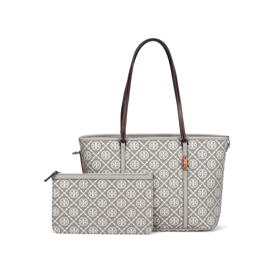 TORY BURCH T Monogram Fabric Handbag, Shoulder Bag Small Women's Gray