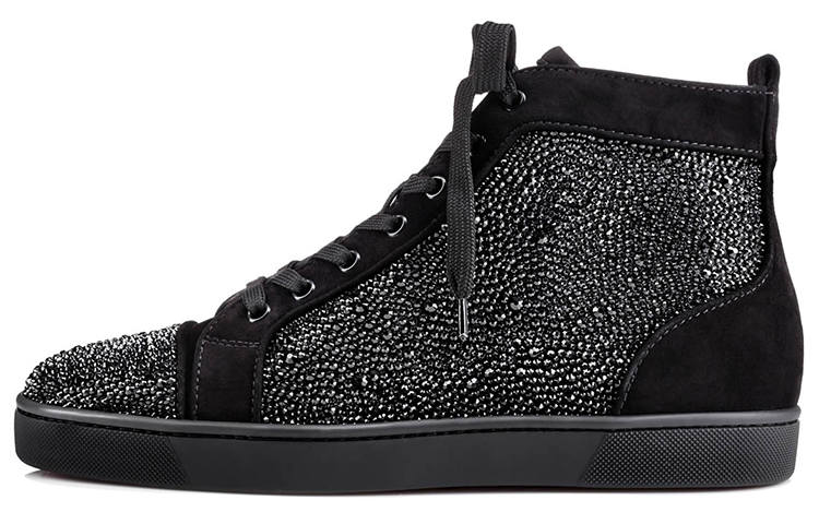 Christian Louboutin CL LUBOTING Louis Strass Split Suede Rhinestone Embellished High top Stylish Skateboarding Shoes Men's Black