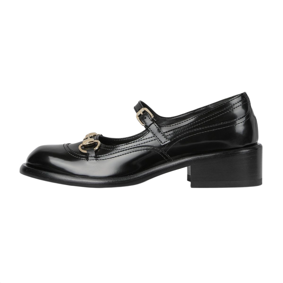GUCCI Patent Leather Chunky Heel Mary Jane Shoes 4cm Women's Black