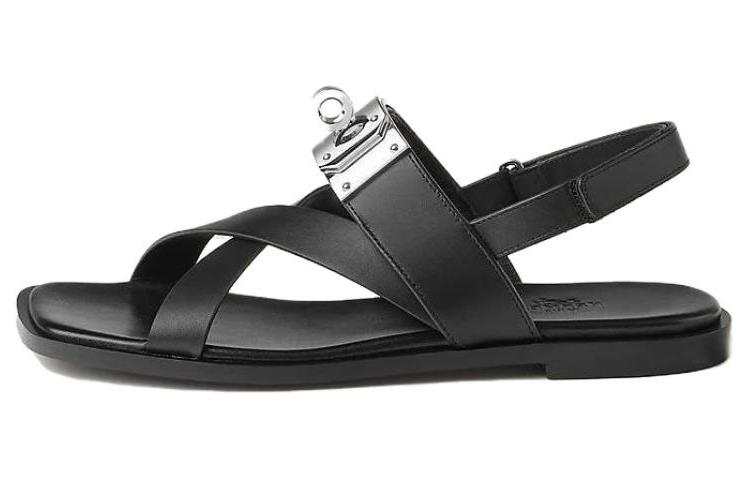 HERMES HERMES Ines Leather One Strap Sandals Women's Black