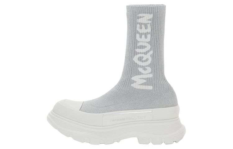 Alexander McQueen Logo Intarsia Chunky Sock Sneaker Grey White Women's