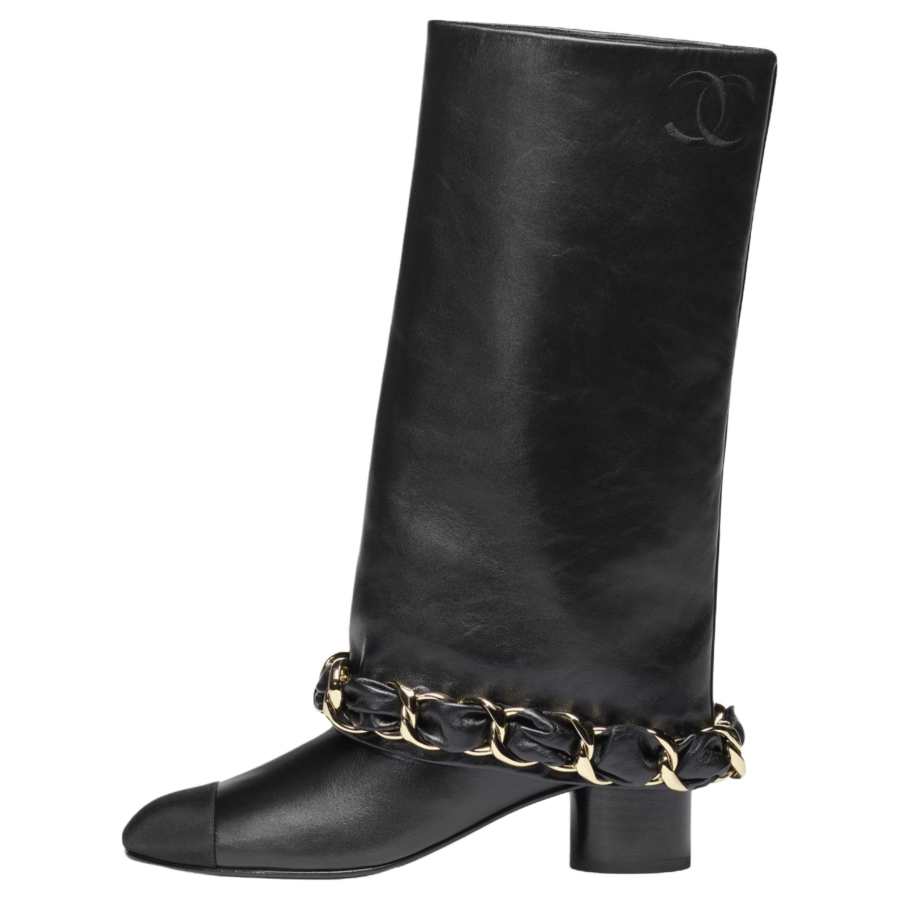 CHANEL 25B Sheepskin Knee high Boots 5CM Women's Black