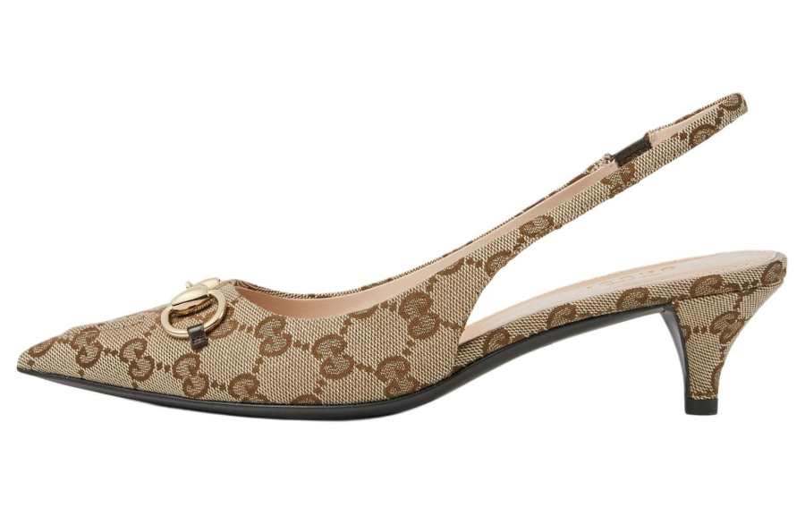 GUCCI Double G 24 Spring Summer Collection Leather Cone Heel High Heels 4.5cm Women's Beige & Ebony